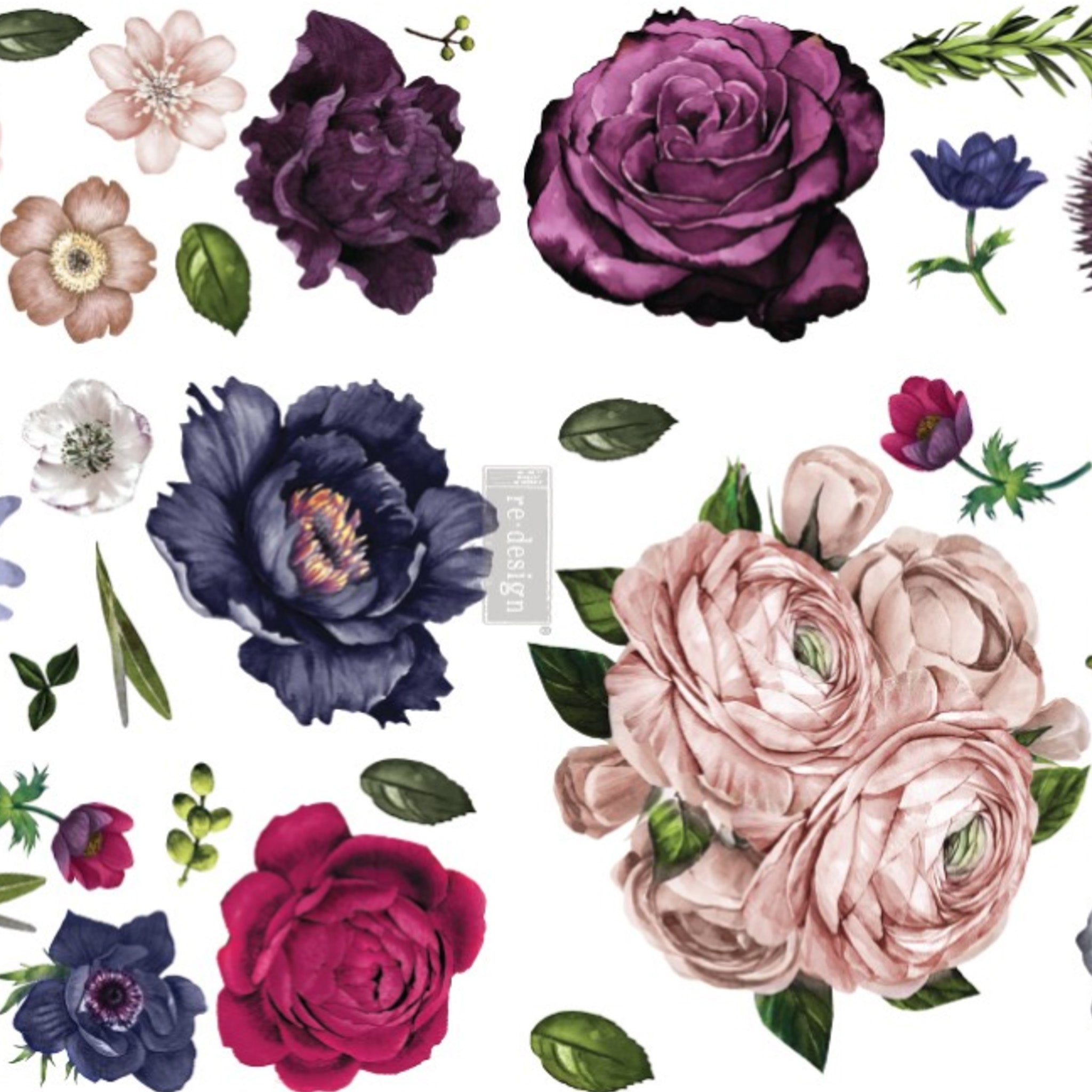 A close-up of a rub on transfer features individual flowers in beautiful shades of purples, pinks, and blues.