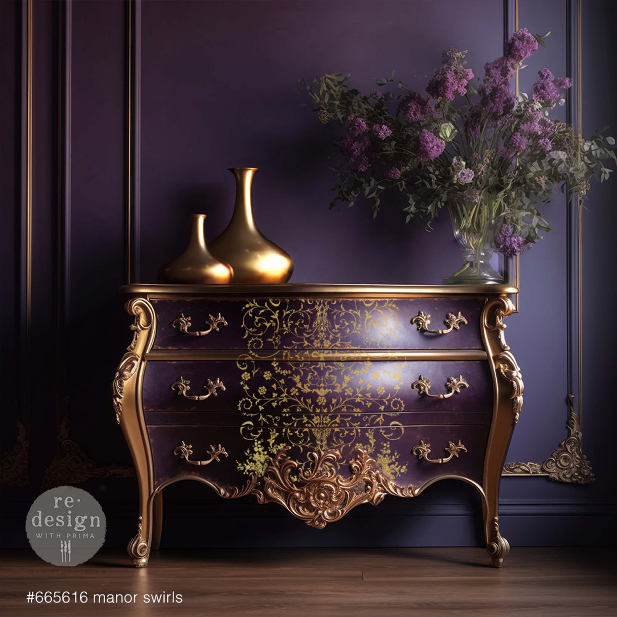 A dark purple and gold bombay style dresser features Kacha Manor Swirls on its 3 drawers.