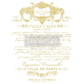 Gold foil design that features script writing about French perfumes and soaps.