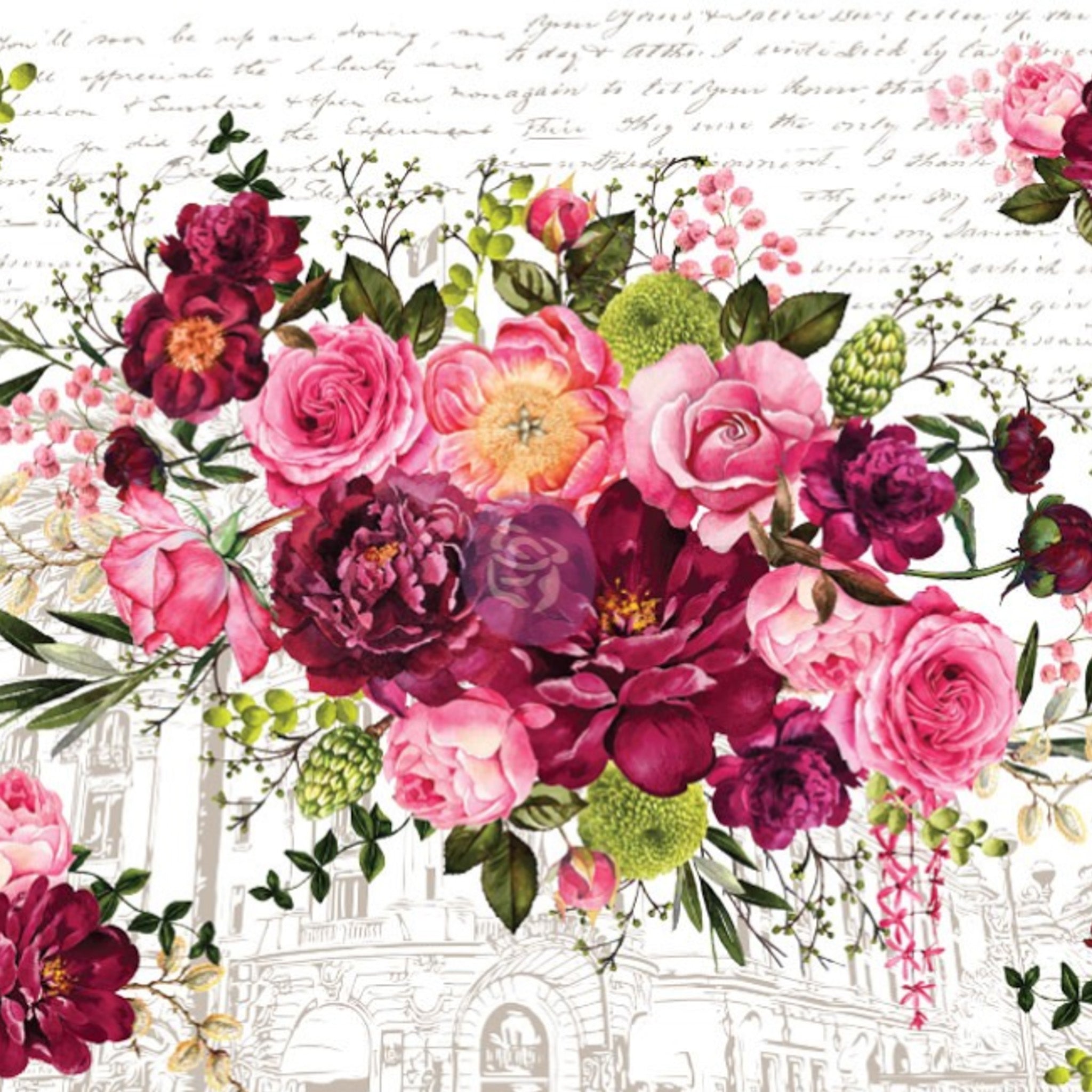 Rub-on transfer design that features a luscious combination of burgundy and pink roses on a stunning architectural background.