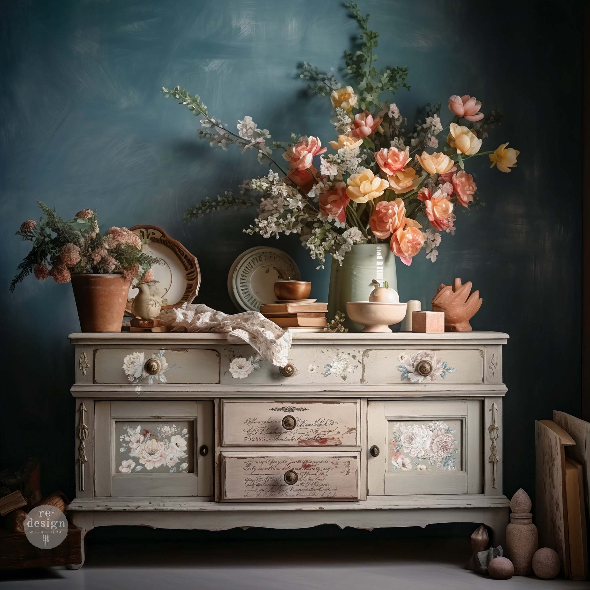 A vintage console table is painted light beige and features ReDesign with Prima's Natural Wonders small transfer on the front. Vases of coral and pale yellow floral bouquets and other items sit on the table.