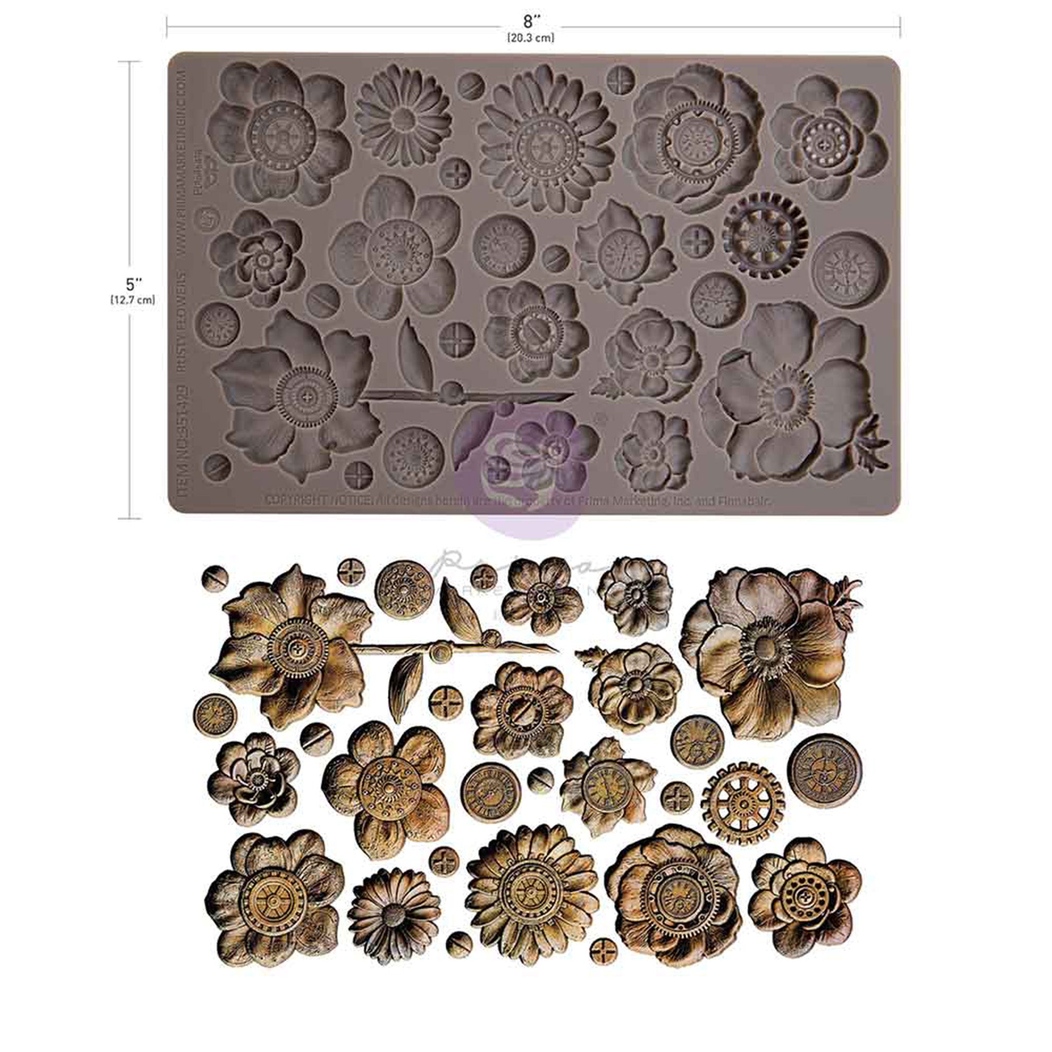 Silicone mold with floral designs and a comparison of molded flowers on a white background