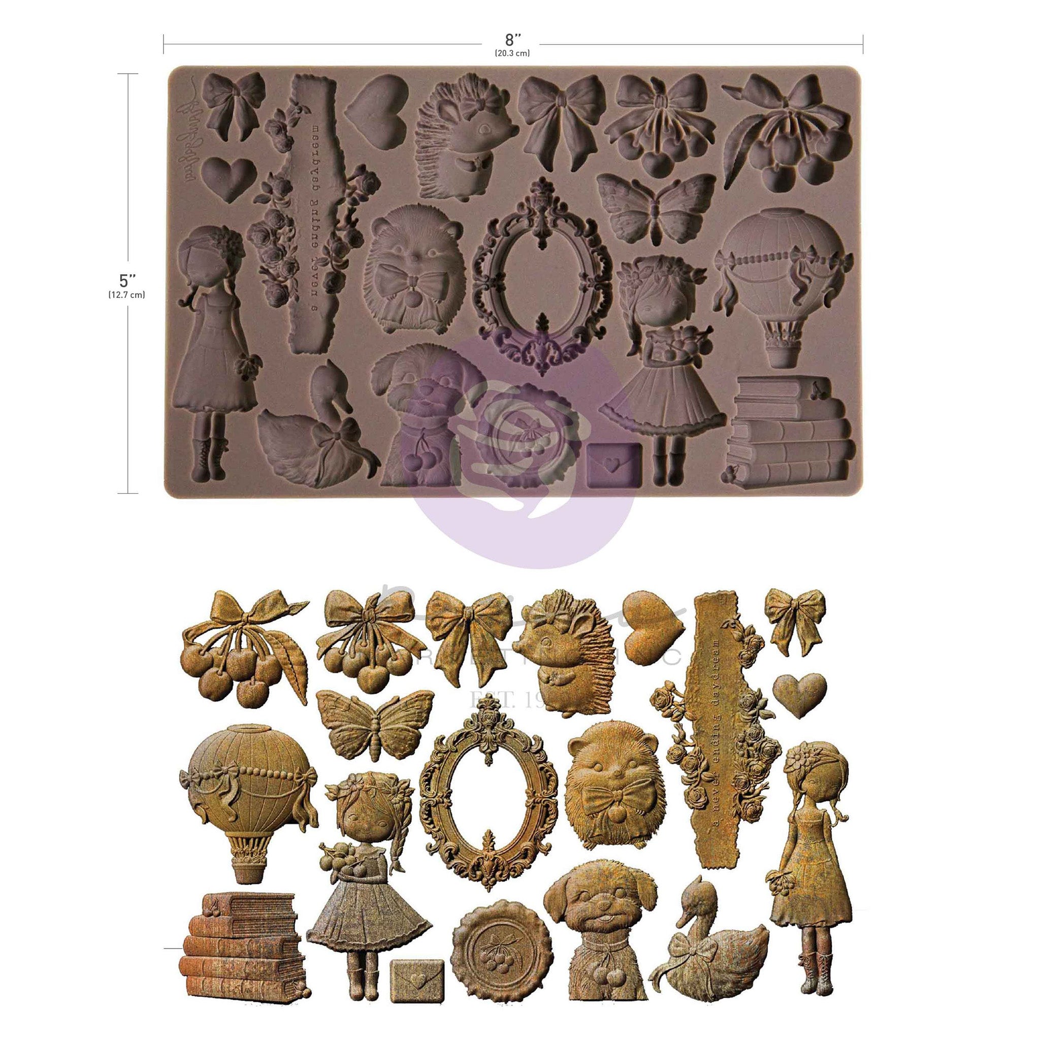 Silicone mold with decorative shapes and measurements on a white background