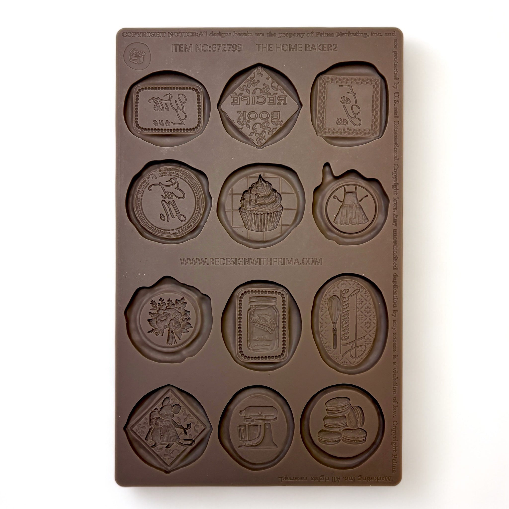 A brown silicone mold that features  12 baking themed wax seals is against a white background.