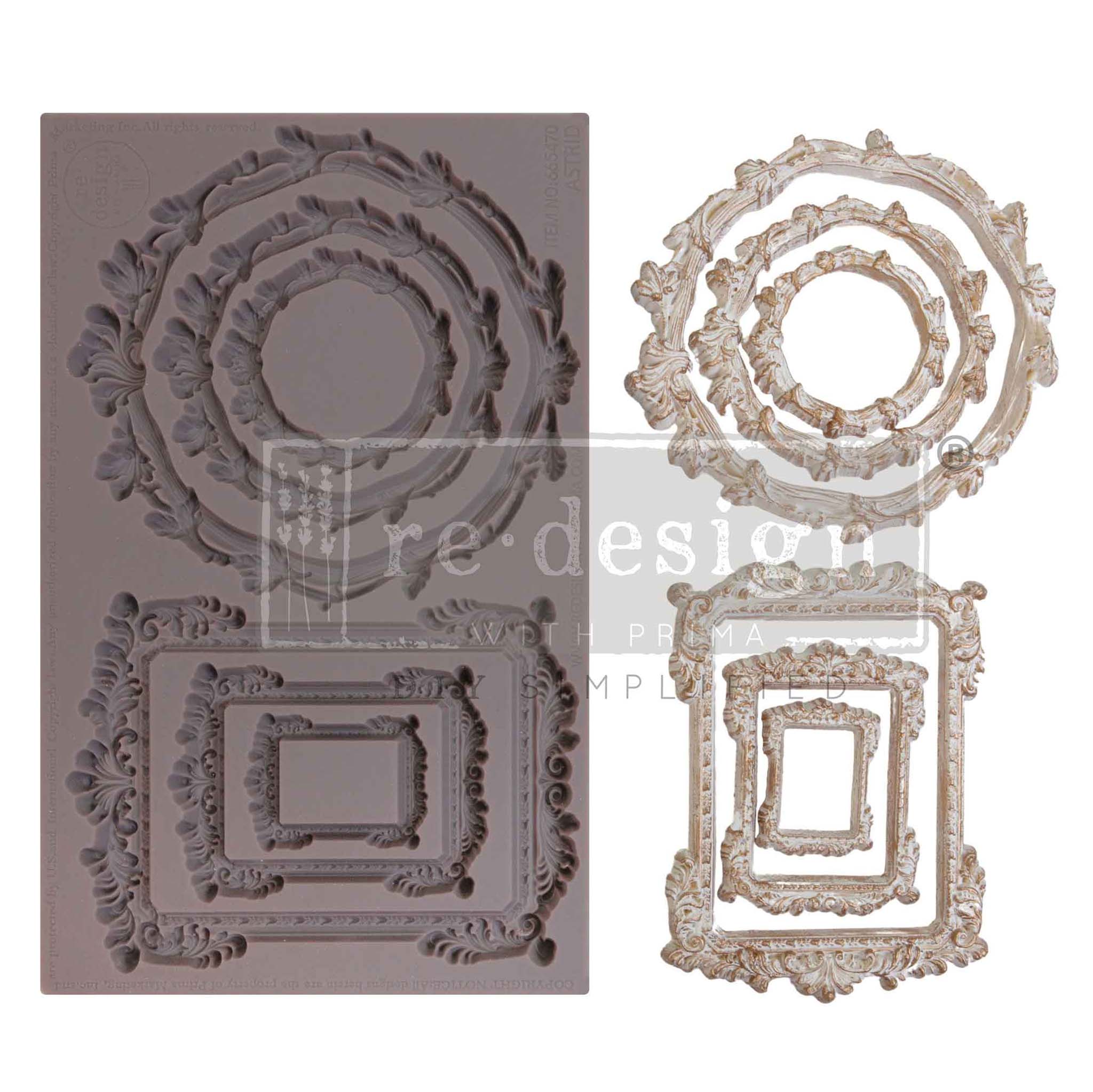 A brown silicone mold and white with gold accents colored castings of 6 ornate frames, 3 round and 3 rectangular, are against a white background.