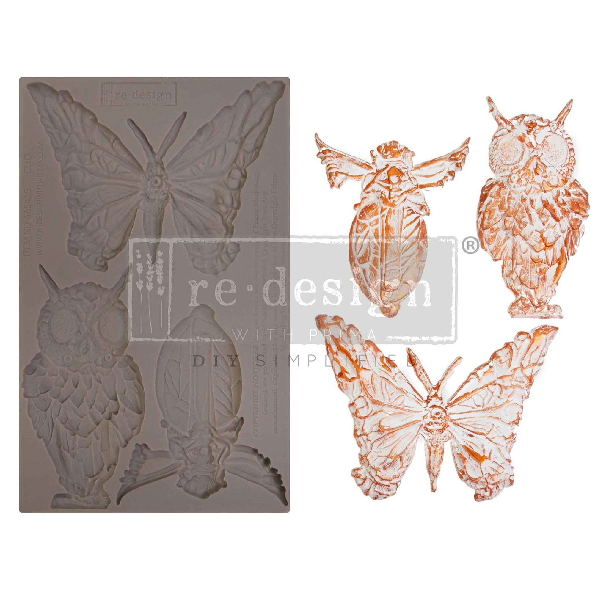 A brown silicone mold and 3 castings of an owl, butterfly, and flying beetle are on a white background.