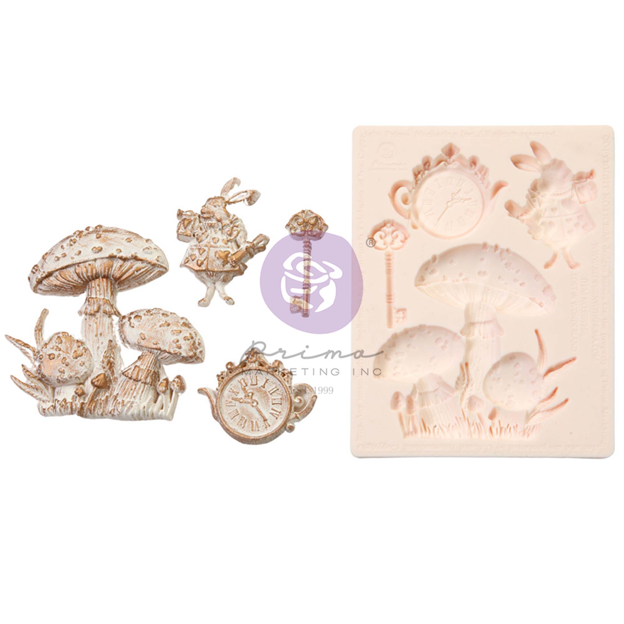Gold and white colored silicone mold castings and a beige silicone mold of Prima Marketing's Lost in Wonderland are against a white background. This mold features a teapot pocket watch, the White Rabbit, a vintage key, and a cluster of mushrooms.