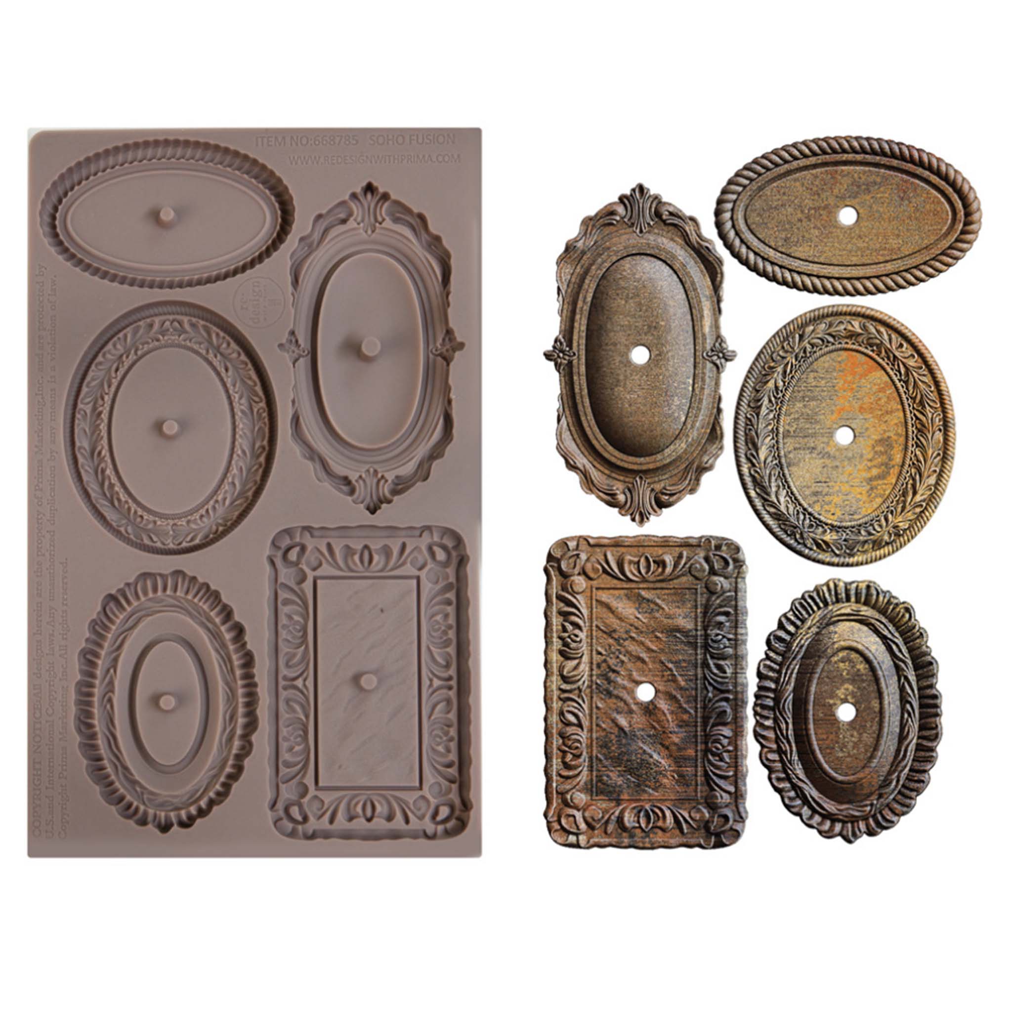 A brown silicone mold and bronze colored castings of 5 ornate drawer pull plates are against a white background.