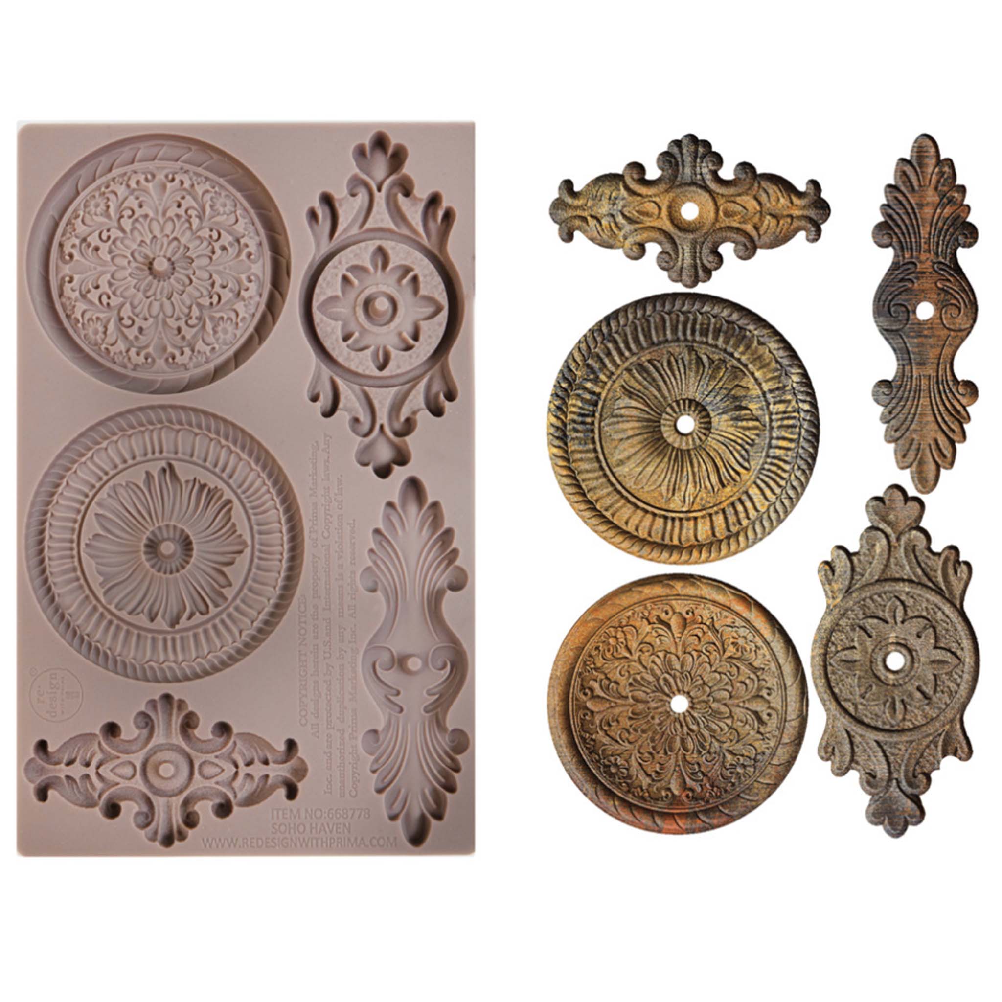 A brown silicone mold and bronze colored castings of 5 ornate drawer pull plates are against a white background.