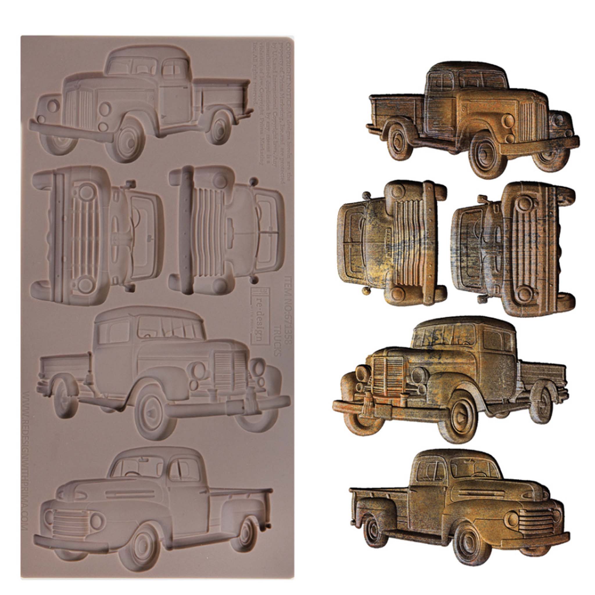 A brown silicone mold and 5 bronze colored castings of 5 vintage farm trucks are against a white background.