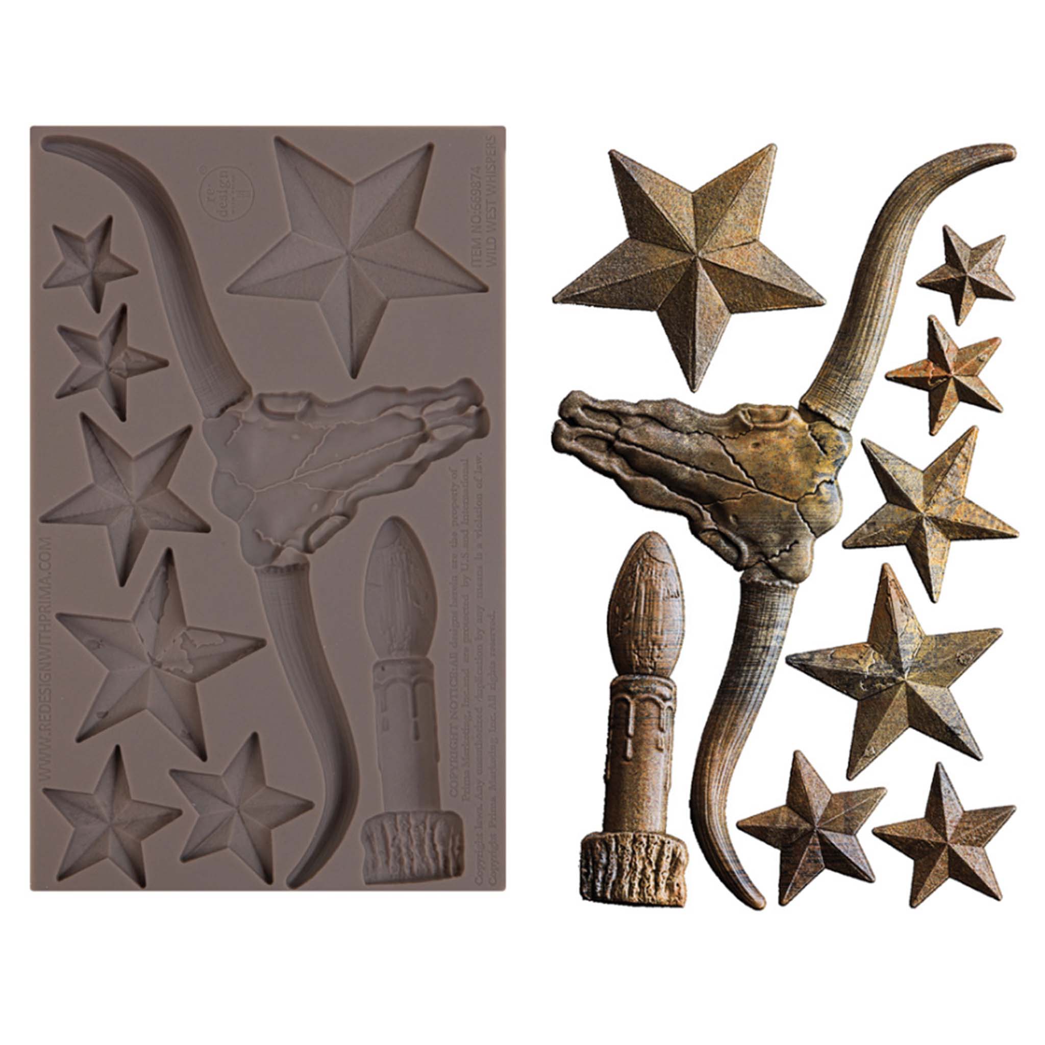 A brown silicone mold and bronze colored castings of a candle stick, longhorn bull skull, and 7 varying sizes of Texas style stars are against a white background.