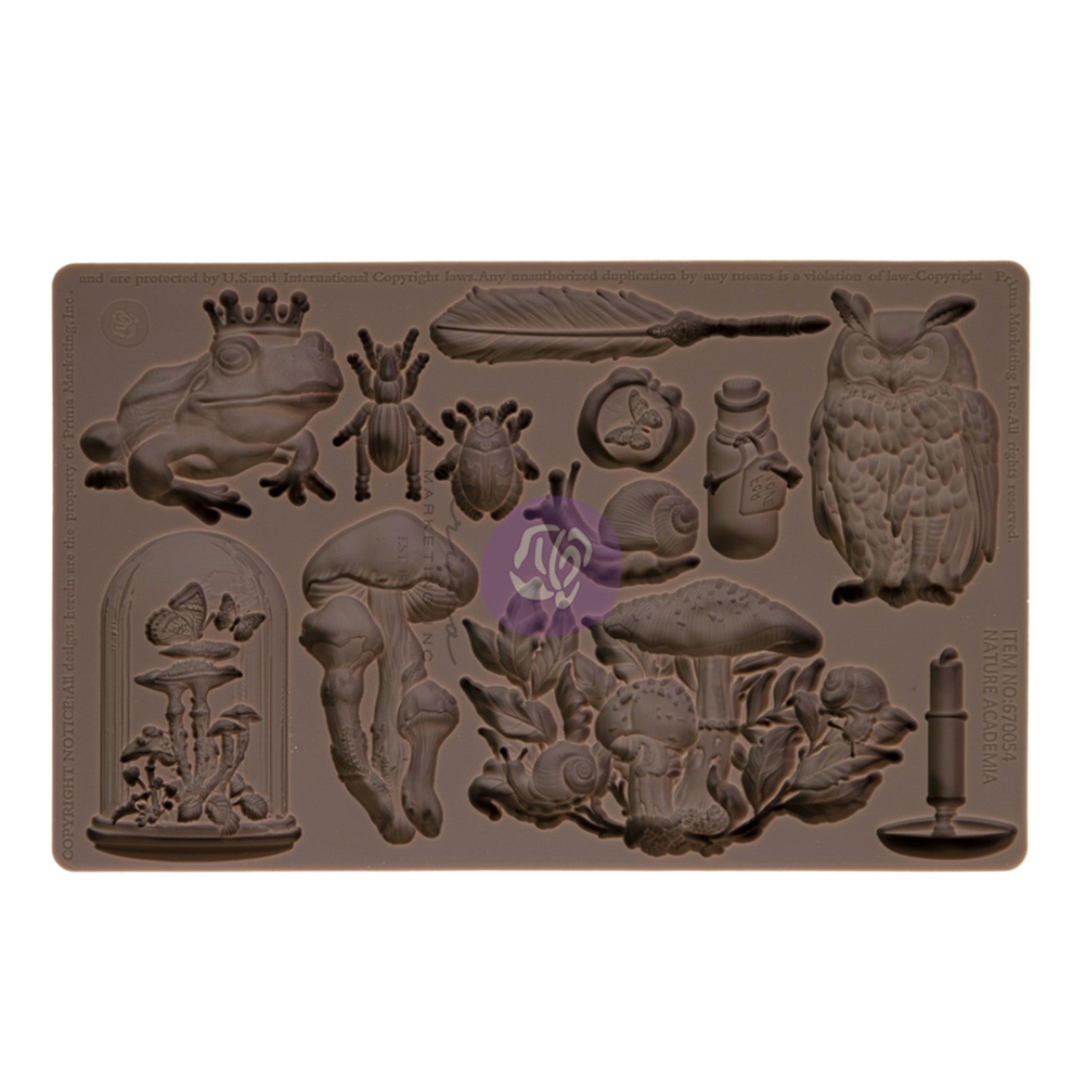 A brown silicone mold featuring bugs, mushrooms, a frog with a crown, and an owl is against a white background.