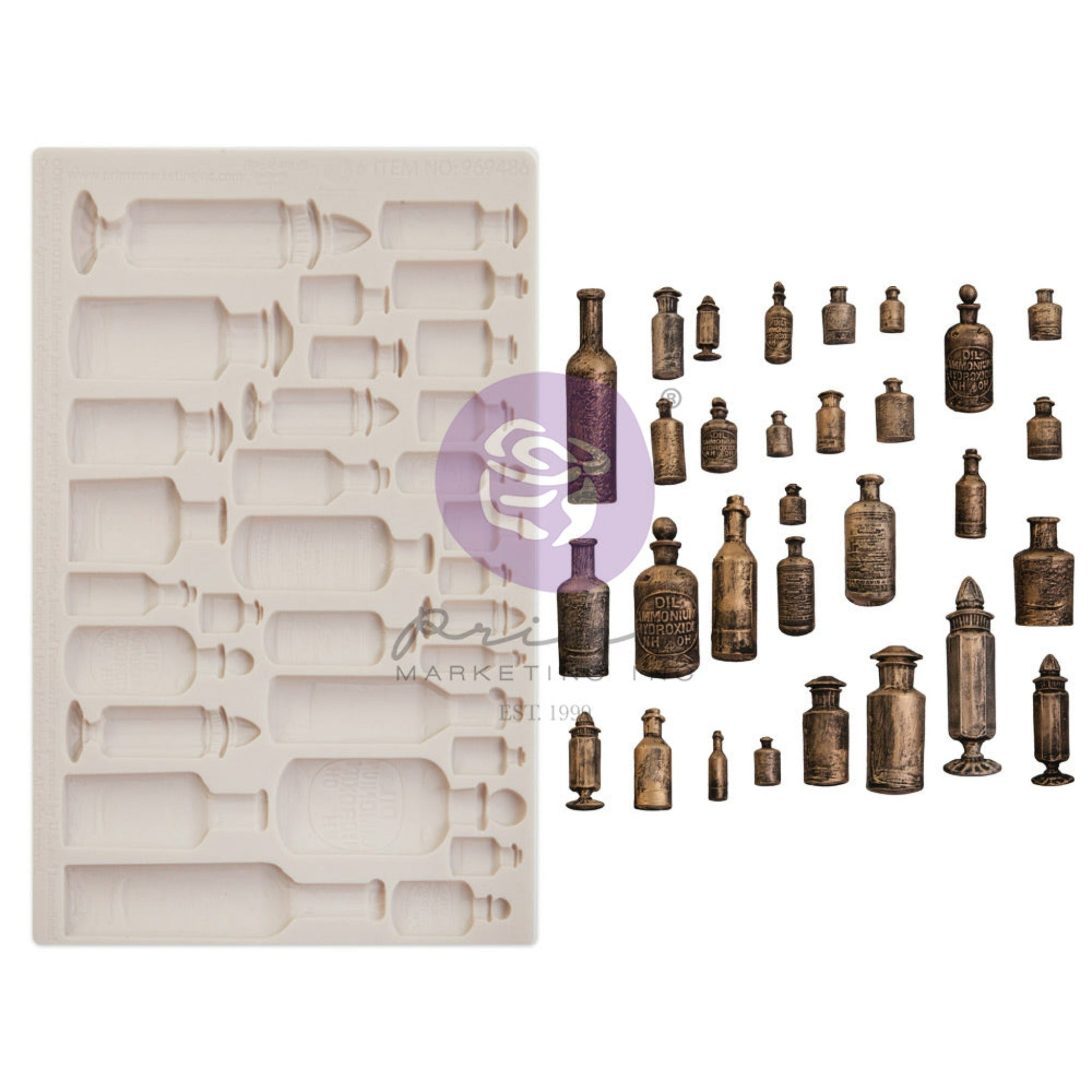 A beige silicone mold and bronze-colored castings of 30 varying sizes of apothecary bottles are against a white background.