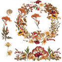 Small rub-on transfer that features a wreath, bouquet, and single dried Autumn wildflowers against a white background.