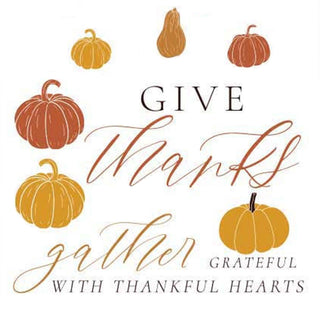 A small rub-on transfer features orange pumpkins and reads: Give Thanks; Gather With Thankful Hearts; and Grateful.