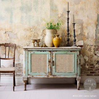 A vintage small buffet table is painted a very weathered mint green and features ReDesign with Prima's Cane Rattan tissue paper on its door inlays.