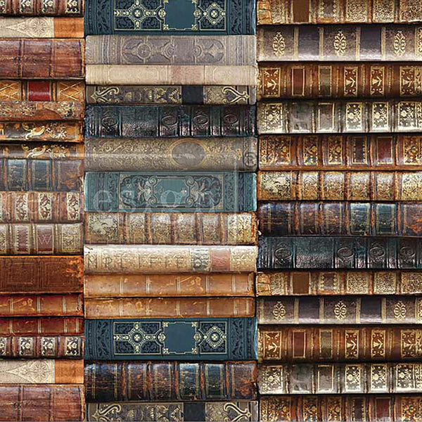 Close-up of a tissue paper design that features stacks of vintage leather-bound books.