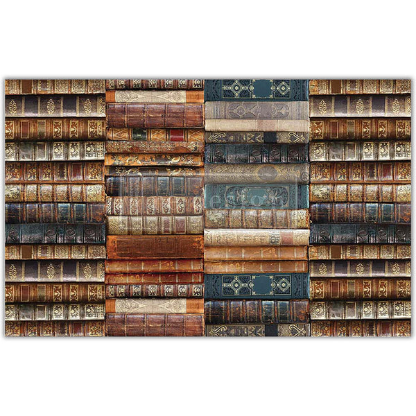 Tissue paper design that features stacks of vintage leather-bound books.
