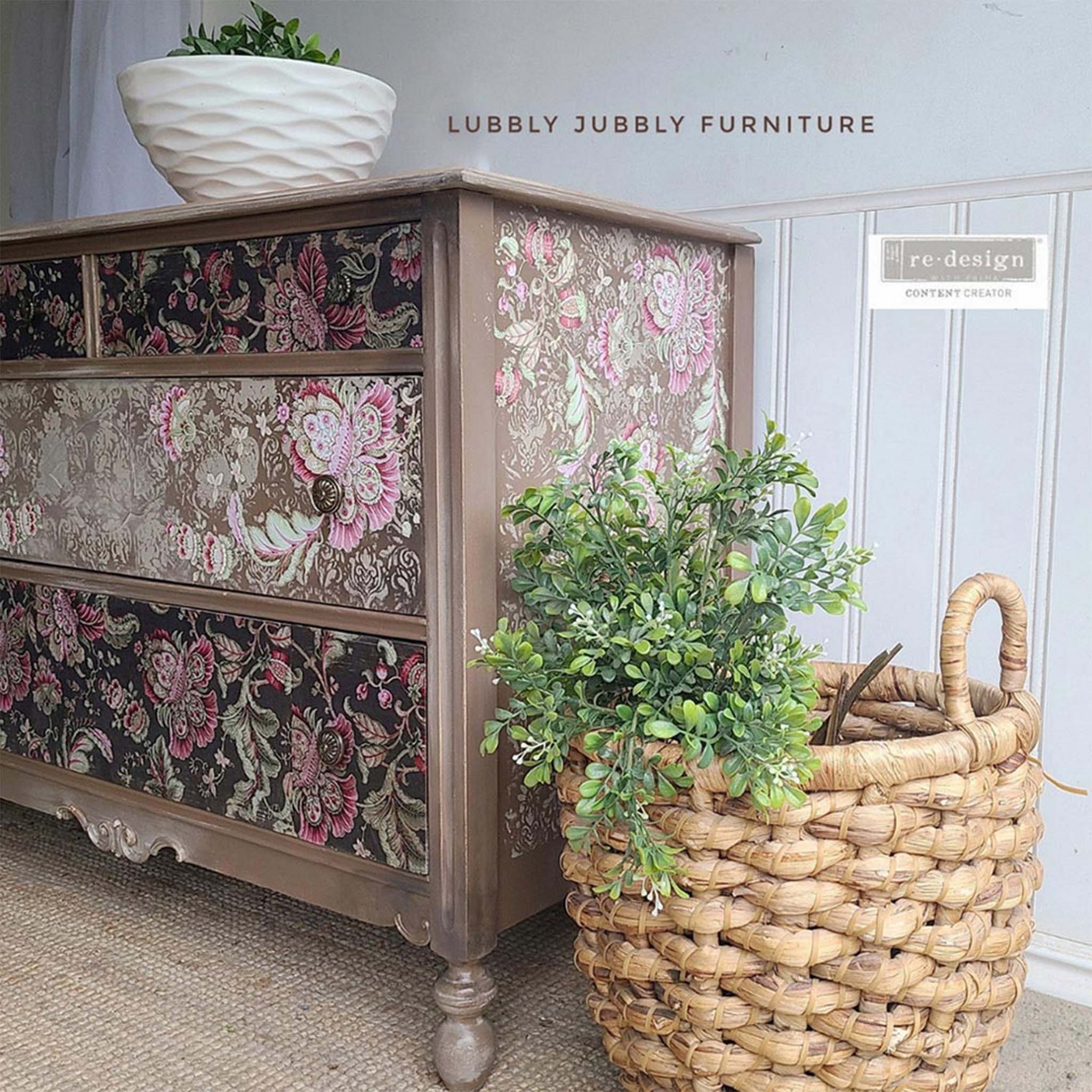 A brown 5-drawer dresser repurposed by Lubbly Jubbly Furniture, A ReDesign Ambasador, features Floral Paisley on its drawers and sides.