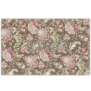 Tissue paper design that features pink and green paisley inspired flowers and vines against a light brown background.