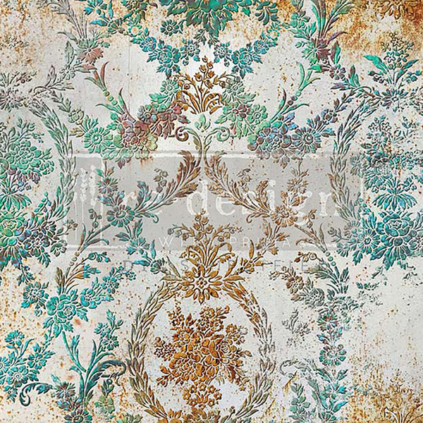 Close-up of a tissue paper design that features green and bronze patina damask against a rustic cream background.