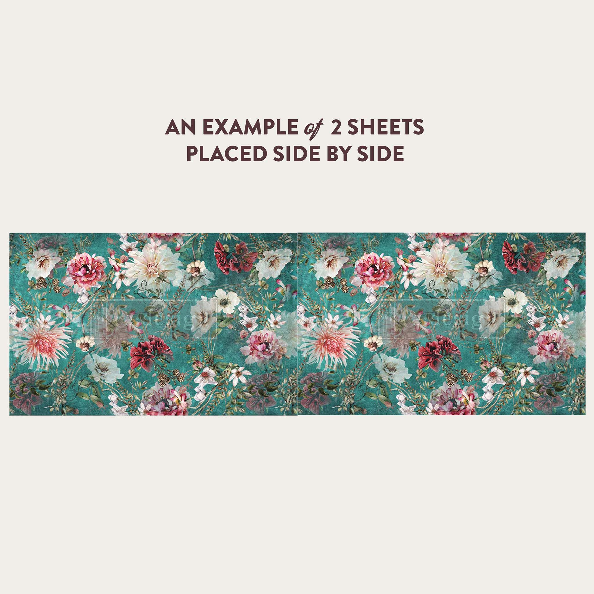 An example of two sheets of ReDesign with Prima's Discovering Dahlias tissue paper placed next to each other are against a light gray background.