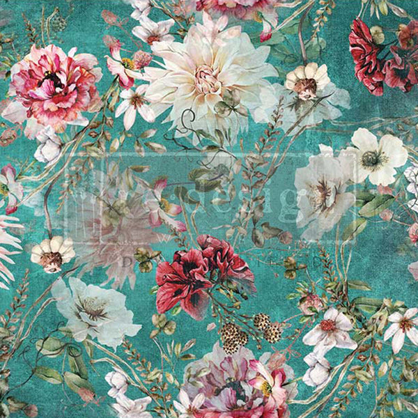 Close-up of a tissue paper design that feature beautiful white and red Dahlia flowers against a teal background.