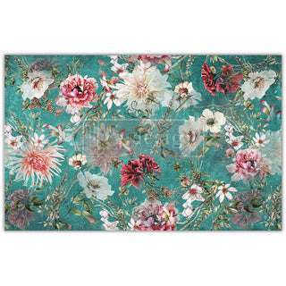 Tissue paper design that feature beautiful white and red Dahlia flowers against a teal background.