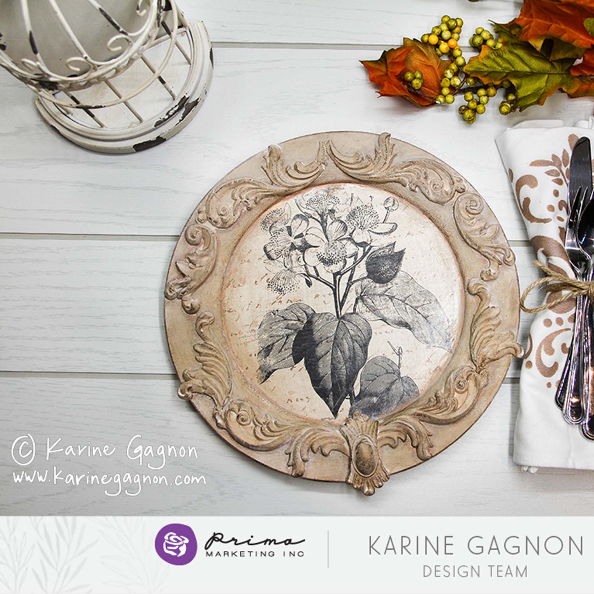 ReDesign with Prima's Paulownia Wood Charger is painted beige with scrolling silicone mold casting on it and a transfer of flowers in the center.