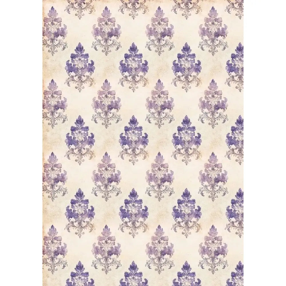 Rice paper featuring a charming purple floral damask print on a cream background. White borders are on the sides.