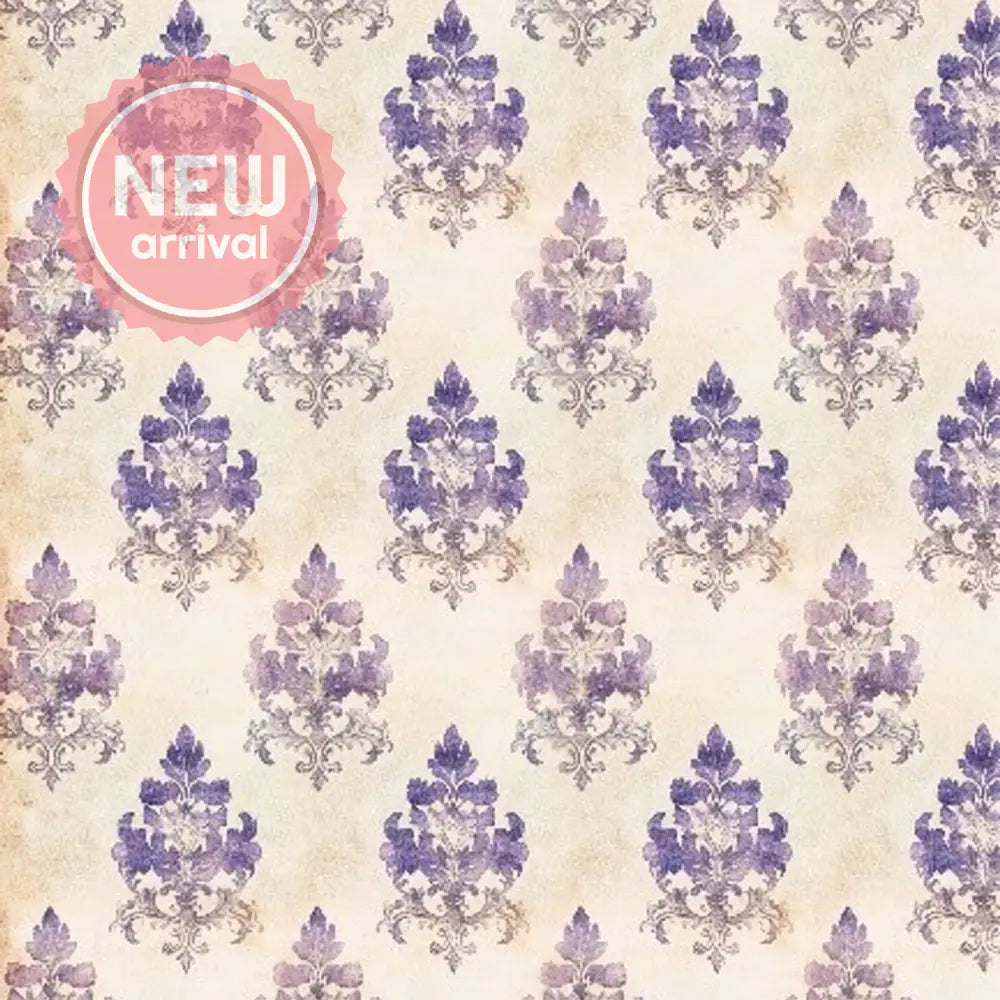 Close-up of a rice paper featuring a charming purple floral damask print on a cream background.