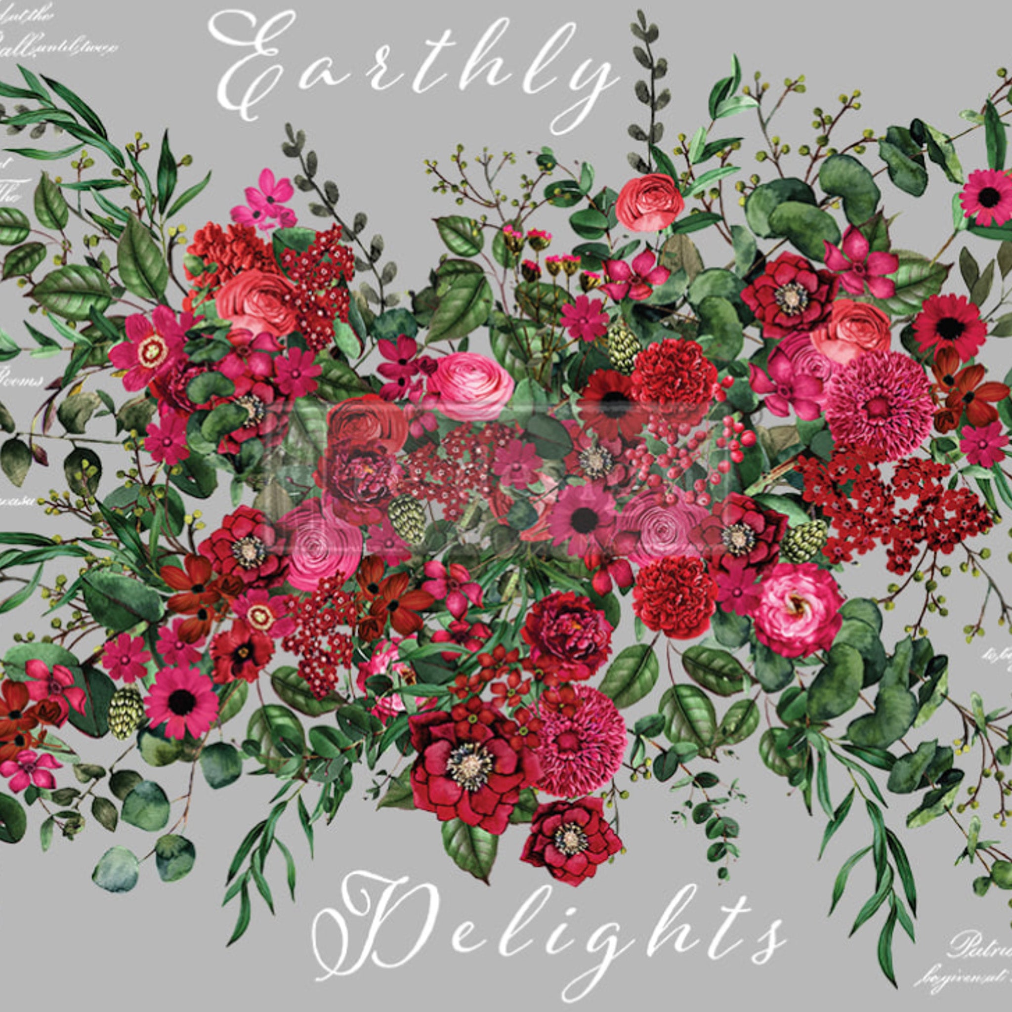 Close-up of a rub on design featuring a bold magenta floral bouquet with trailing greenery and white script.