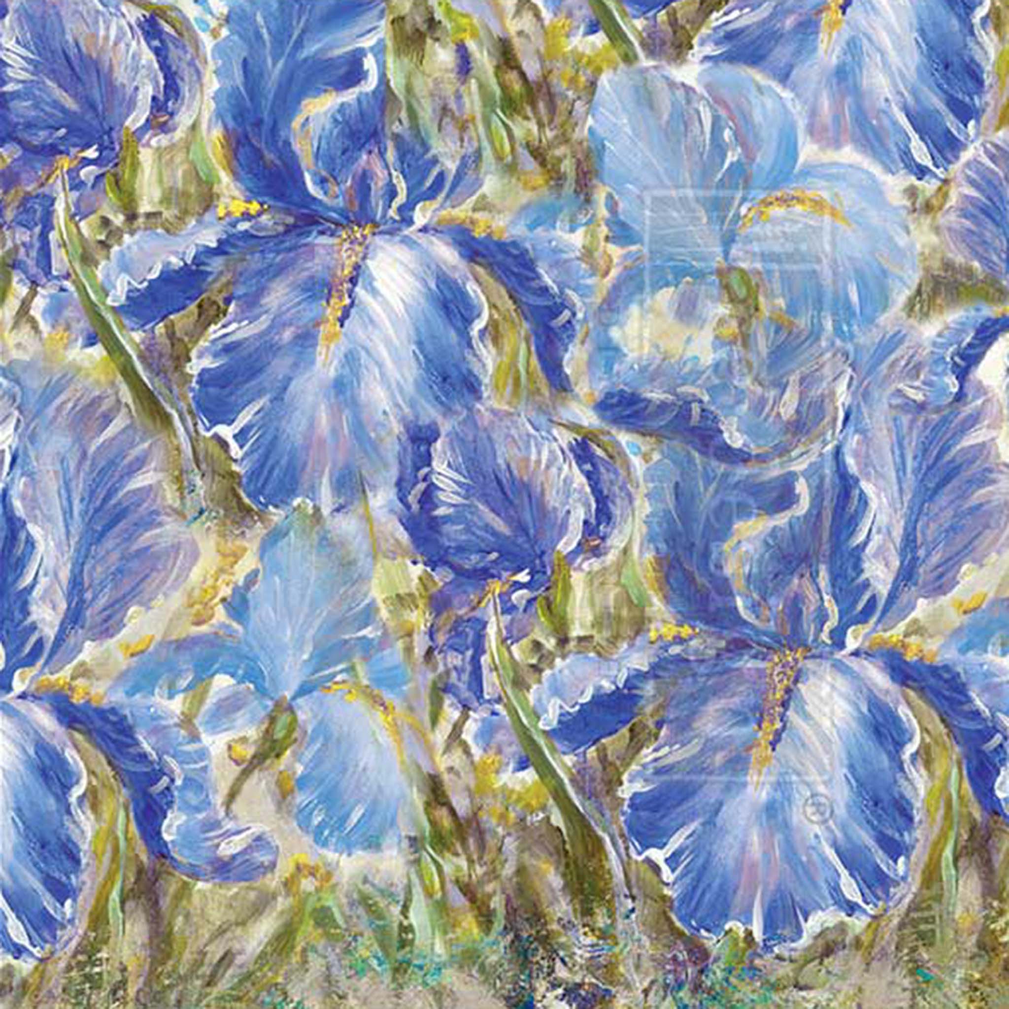 Close-up of a rice paper featuring a painting of vibrant blue and purple irises.