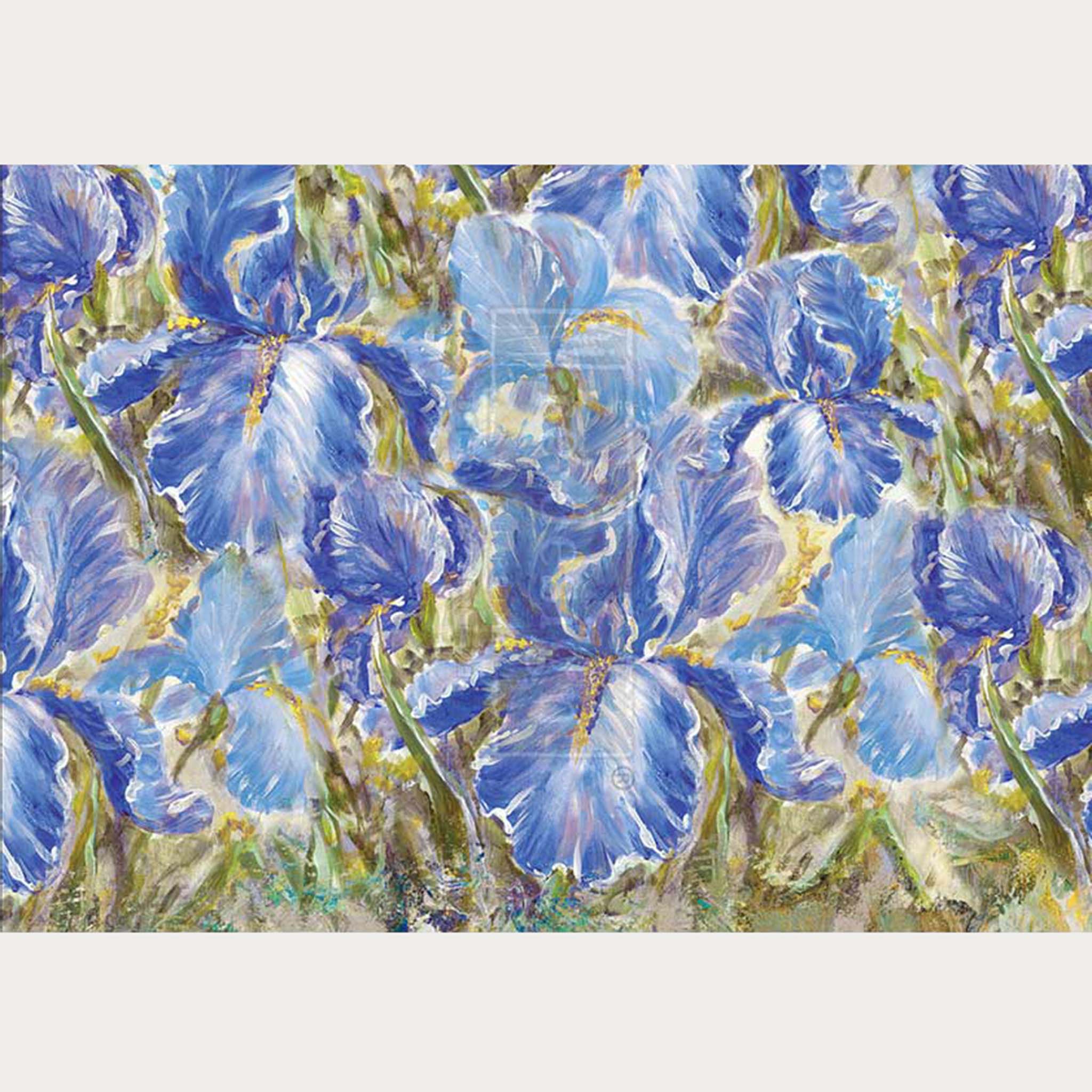 Rice paper featuring a painting of vibrant blue and purple irises is against a white background.