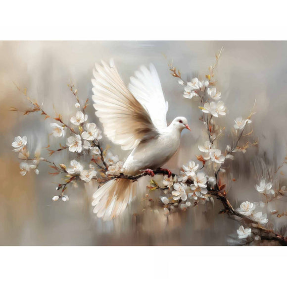 Full Alabaster Grace A1 fiber decoupage paper design with white dove, floral branches, and soft beige gray tones
