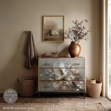 Dresser makeover with ReDesign with Prima Alabaster Grace A1 fiber decoupage paper featuring white dove and flowers