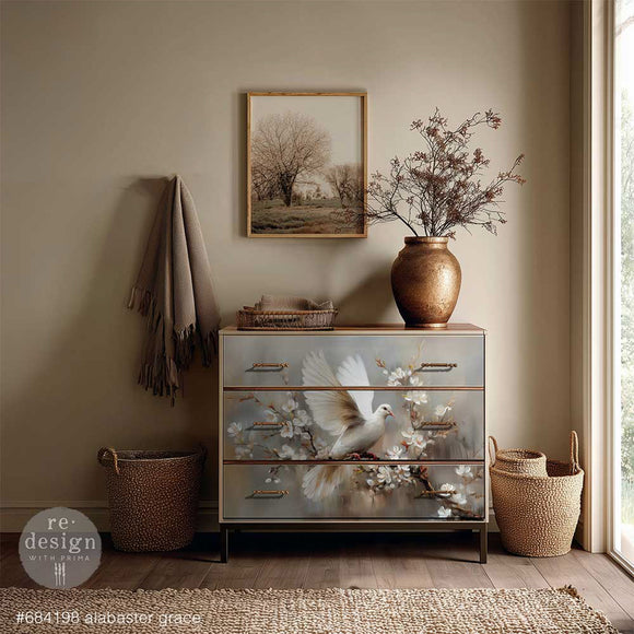 Dresser makeover with ReDesign with Prima Alabaster Grace A1 fiber decoupage paper featuring white dove and flowers