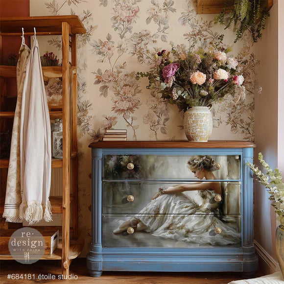 Blue dresser makeover using ReDesign with Prima Kacha Etoile Studio decoupage paper with ballerina artwork