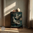 Tall dresser makeover using ReDesign with Prima Grace in Flight decoupage paper with cranes and teal botanical design