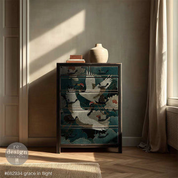 Tall dresser makeover using ReDesign with Prima Grace in Flight decoupage paper with cranes and teal botanical design