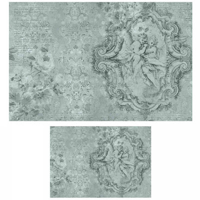 Jardin des Cherubins decoupage paper set showing the same cherub design in two coordinating sheet sizes