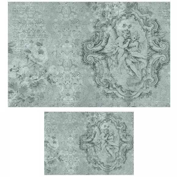 Jardin des Cherubins decoupage paper set showing the same cherub design in two coordinating sheet sizes
