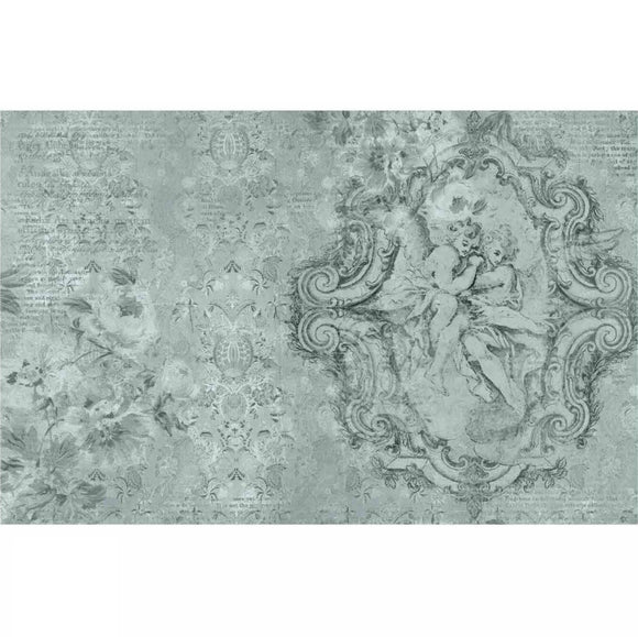 Jardin des Cherubins decoupage paper design with French cherubs, faded damask, and soft aqua tones