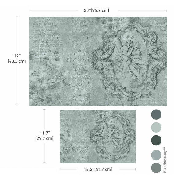 Jardin des Cherubins decoupage paper size guide with 30 inch and 16.5 inch sheets and blue-green palette