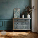 Jardin des Cherubins decoupage paper used on a painted dresser for a French vintage furniture makeover