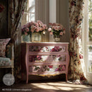 Crimson Elegance rose decoupage paper used on a pink vintage dresser for a romantic furniture makeover