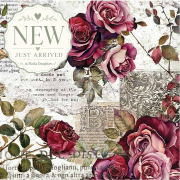 ReDesign with Prima Crimson Elegance rose decoupage paper set with deep red roses, vintage script, and distressed floral background and text, featuring the word 'NEW'.