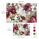 Crimson Elegance decoupage paper size guide with 30 inch and 16.5 inch sheets and rich rose color palette