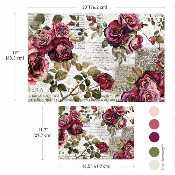 Crimson Elegance decoupage paper size guide with 30 inch and 16.5 inch sheets and rich rose color palette