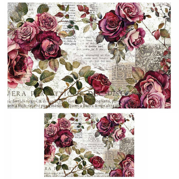 ReDesign with Prima Crimson Elegance decoupage paper set showing the same dramatic rose design in two coordinating sheet sizes
